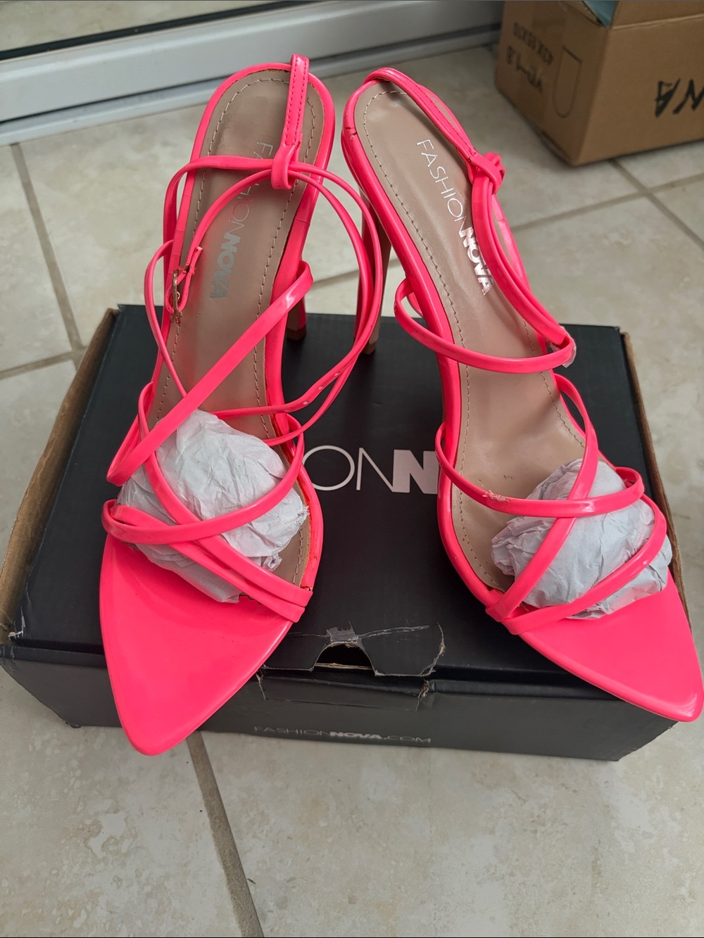 Fashion Nova Neon Pink Strappy Pointed Toe Heels